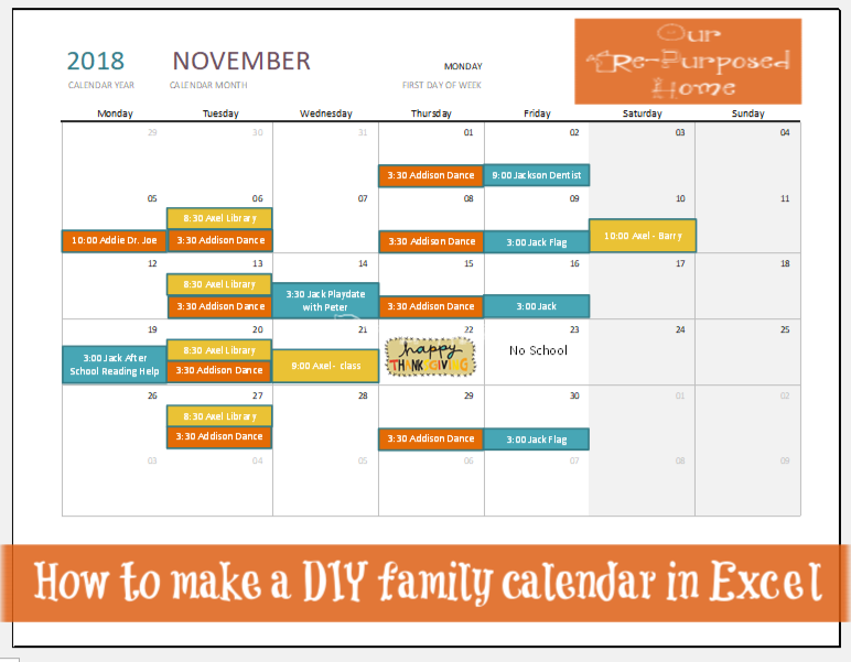 Excel DIY family calendar