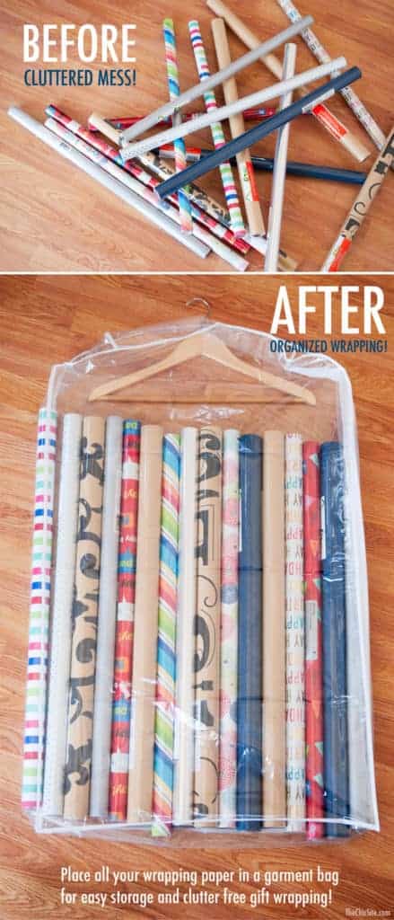 holiday decoration storage ideas showing how to store your xmas paper in a clear suit bag