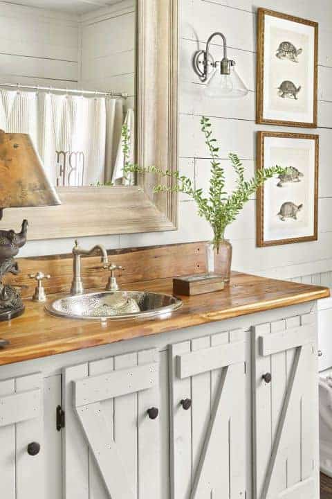 farmhouse bathroom with white shiplap