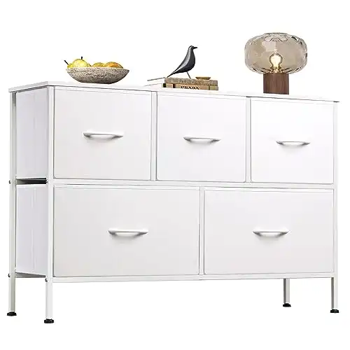 WLIVE Dresser with 5 Drawers, Dressers for Bedroom, Fabric Storage Tower, Hallway, Entryway, Closets, Sturdy Steel Frame, Wood Top, Easy Pull Handle (White)