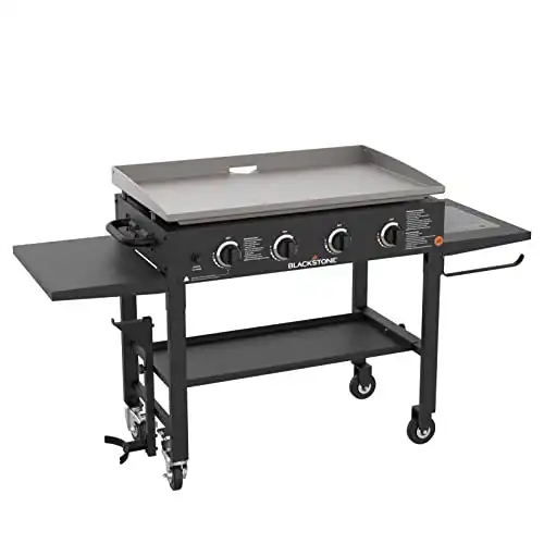 Blackstone 36" Cooking Station 4 Burner Propane Fuelled Restaurant Grade Professional 36 Inch Outdoor Flat Top Gas Griddle with Built in Cutting Board, Garbage Holder and Side Shelf (1825), Black