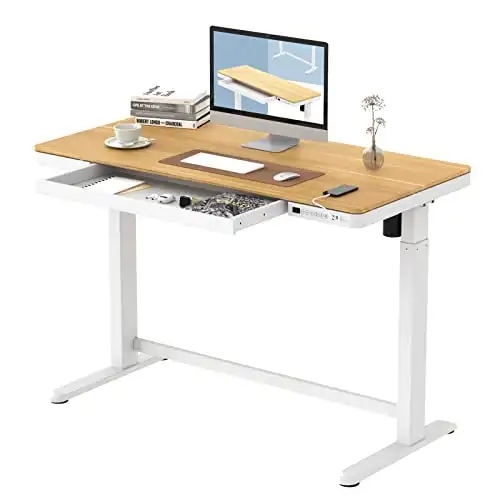 FLEXISPOT Comhar Electric Standing Desk with Drawers Charging USB Port, Height Adjustable 48" Whole-Piece Quick Install Home Office Computer Laptop Table with Storage (Maple Top + White Frame)