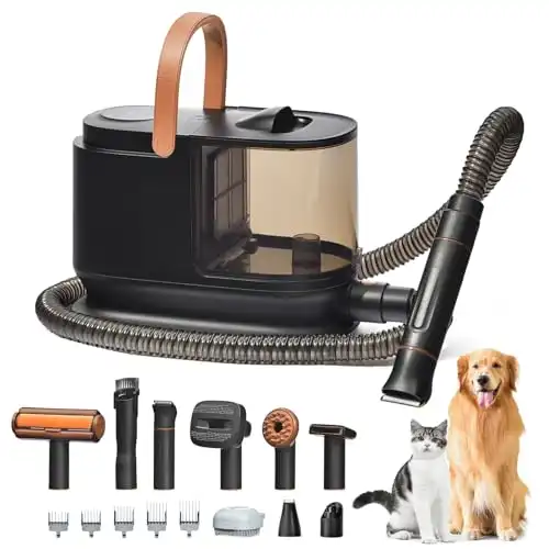 Bunfly Pet Clipper Grooming Kit & Vacuum Suction 99% Pet Hair, 7 Pet Grooming Tools, 3L Large Capacity Easy Clean Dust Cup for Pet Hair, Home Cleaning（Brown）