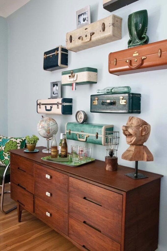 vintage suitcase decorating ideas as wall shelves