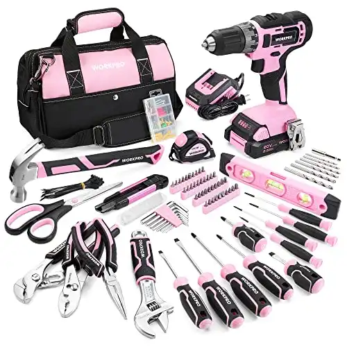 WORKPRO Pink Household Tool Kit with Drill, 157PCS Tool Set with 20V Cordless Lithium-ion Drill Driver, Home Tool Kit for All Purpose, Power Drill Sets with Pink Tool Bag - Pink Ribbon