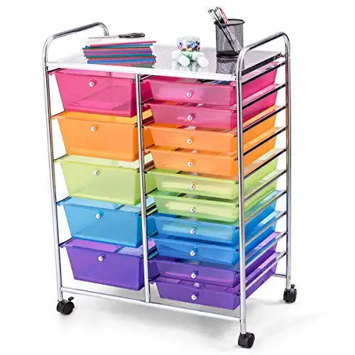 GOFLAME 15-Drawer Rolling Storage Cart, Multipurpose Movable Organizer Cart, Utility Cart for Home, Office, School, Rainbow