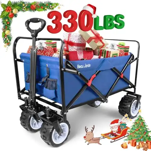 BEAU JARDIN Folding Wagon Cart 330 Pound Capacity Collapsible Utility Camping Grocery Canvas Portable Rolling Buggies Outdoor Garden Sport Heavy Duty Shopping Wide All Terrain Wheel BG123