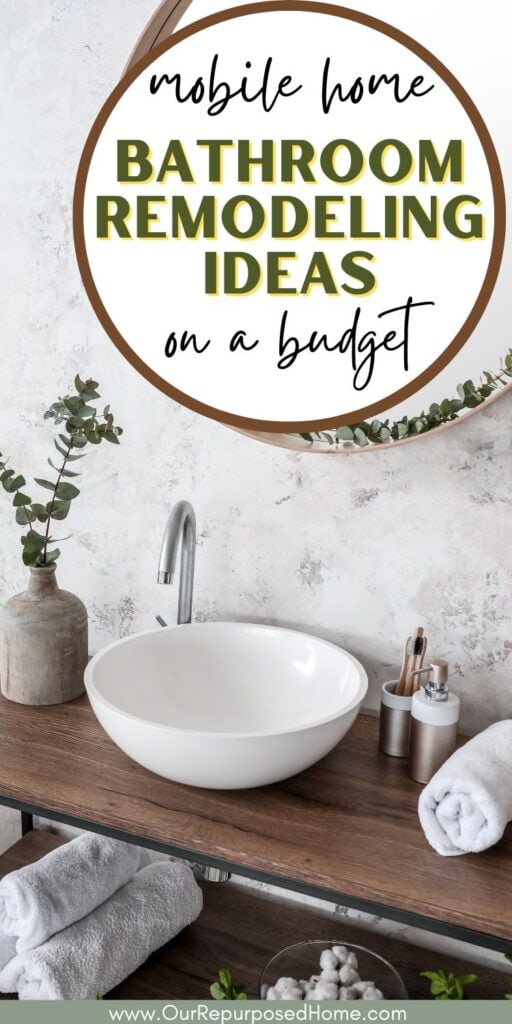Pinterest Pin for a Mobile home bathroom remodel with a sink/vanity close up with mirror and plant