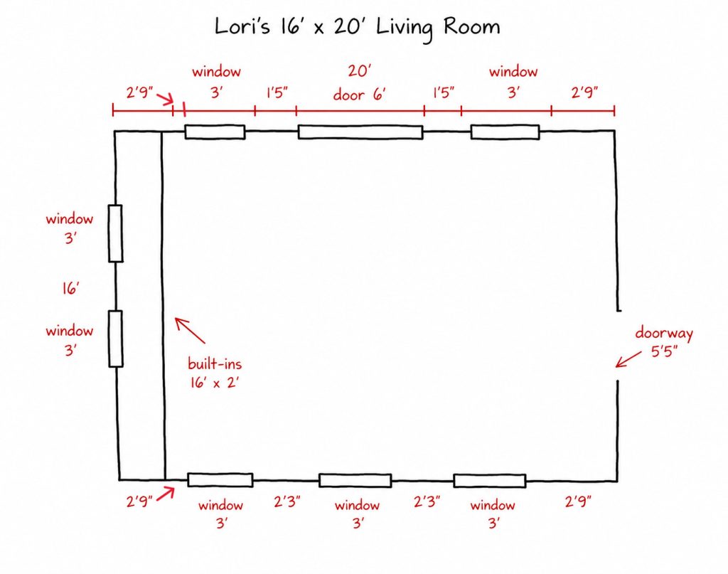 Hand-drawn living room floor plan with a red measurement line showing wall, window, and door dimensions.