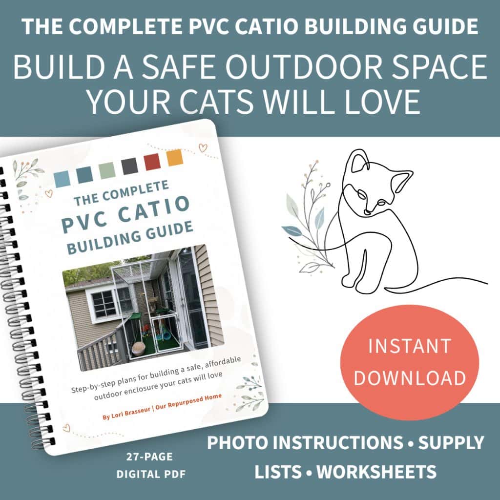 Digital PVC catio building guide shown as a spiral-bound book mockup with a finished outdoor cat enclosure on the cover and an instant-download label.