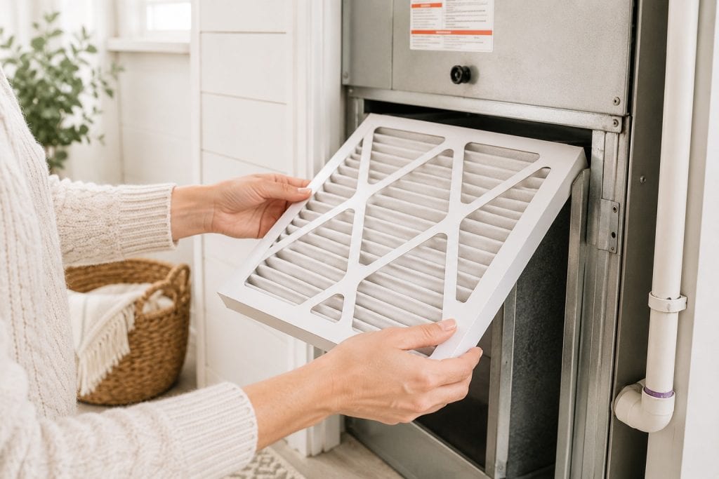 woman replacing a furnace filter for a fall home maintenance suggestion