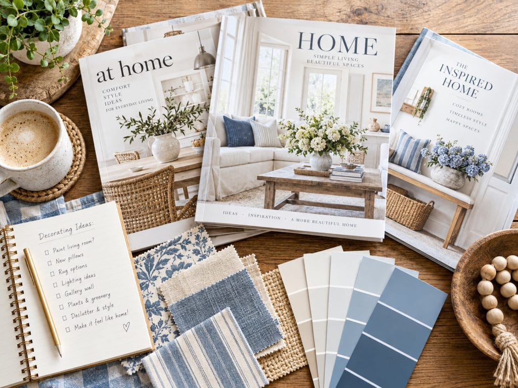 Decorating inspiration ideas with home decor magazines, fabric swatches, and paint color samples on a table