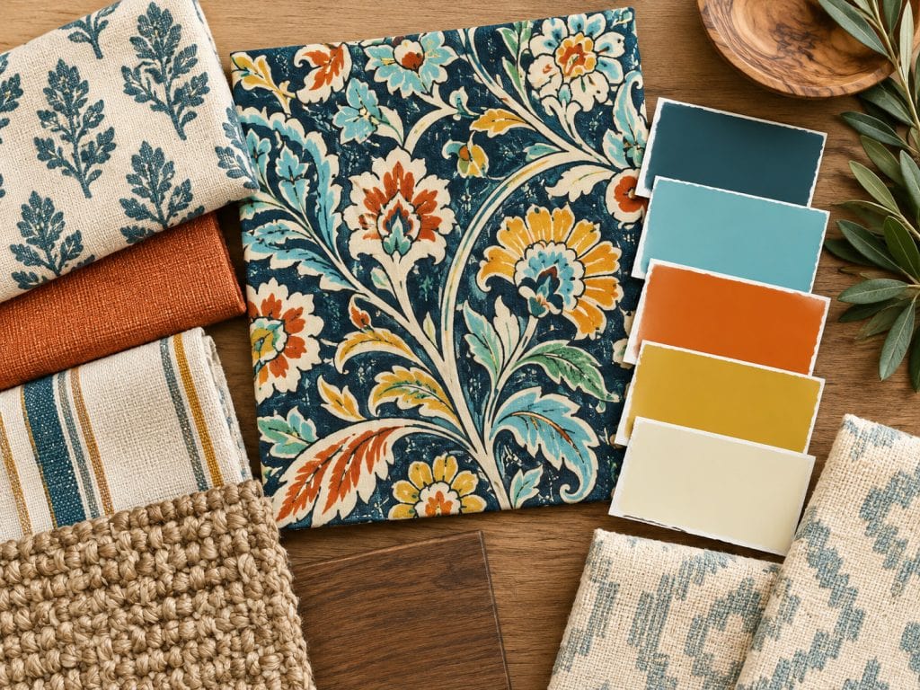 Inspiration fabric with coordinating paint colors, fabric samples, and textures for decorating a room