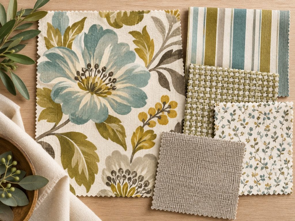 Coordinating fabric swatches in floral, stripe, and small-scale patterns for decorating a room