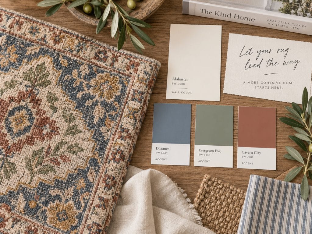 Rug-inspired paint color palette with blue, green, red, and neutral color swatches for decorating a room