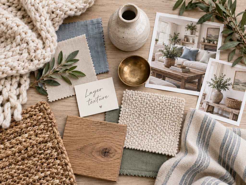 Mood board showing layered textures like knit fabric, woven materials, wood, linen, and decor for adding texture to a room
