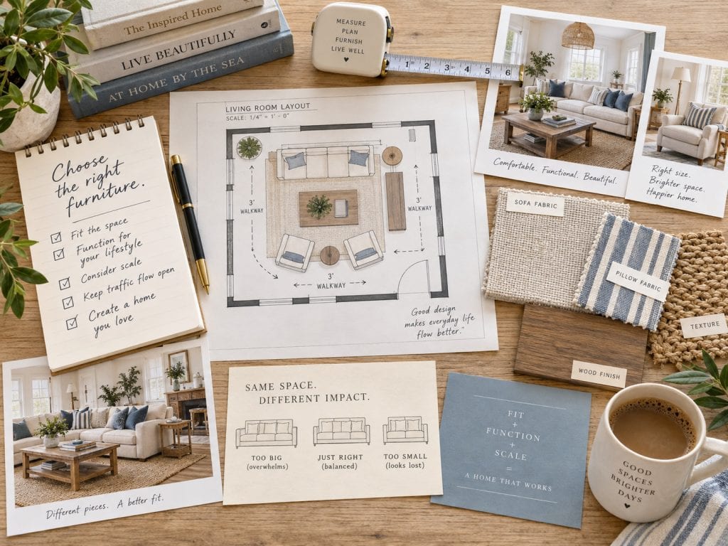 Furniture planning mood board with room layout, measurements, fabric swatches, and scale examples for choosing the right furniture
