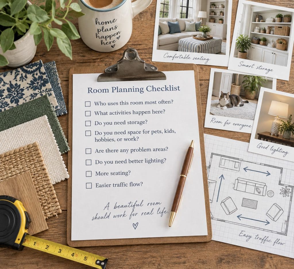 Room planning mood board with a floor plan, traffic flow, seating, storage, lighting, and pet area ideas