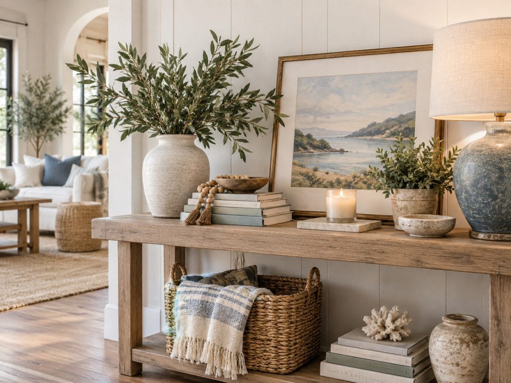 Styled console table with artwork, books, greenery, baskets, lamp, and decorative accessories