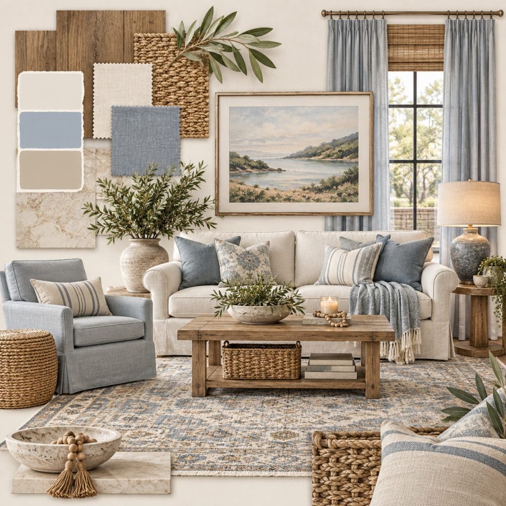 Mood board style living room design with furniture, fabric swatches, paint colors, textures, and accessories