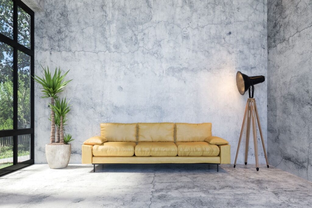 sofa with indirect lighting from a large window wall