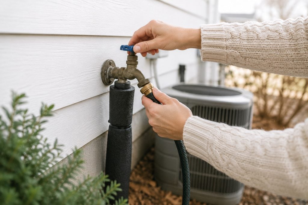 woman removing a garden house from the house for fall maintenance