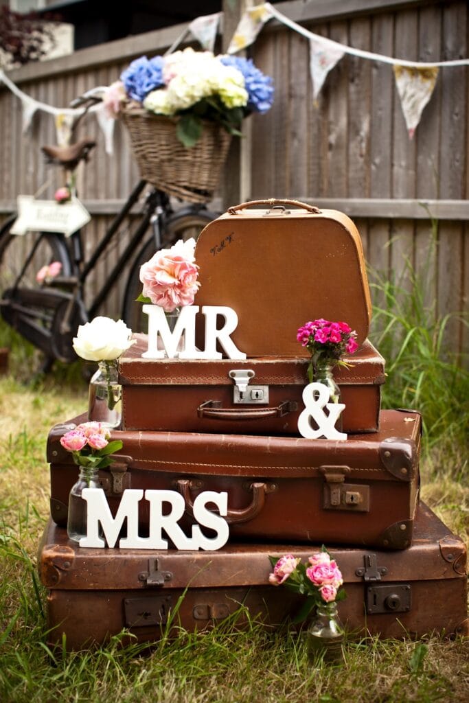Using vintage suitcases as photo prop idea at a wedding