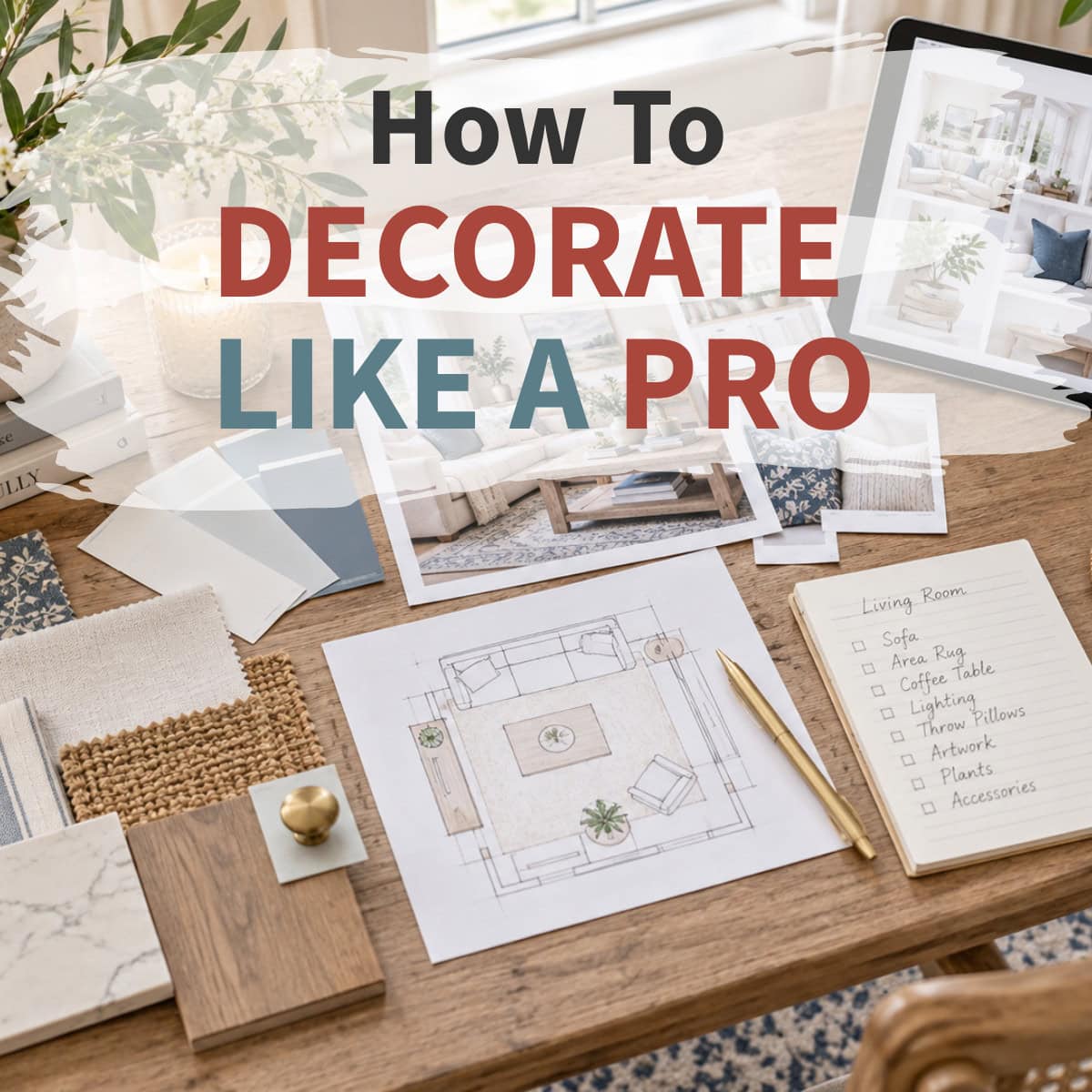 Mood board and room planning materials for learning how to decorate like a pro