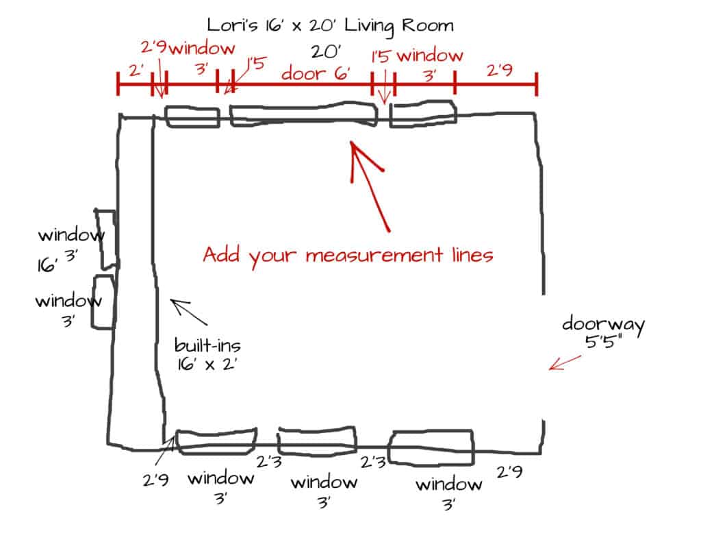 hand drawing of a floor plan with measurements