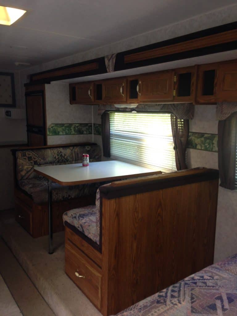 picture of our dining banquet before our RV Camper remodel before and after