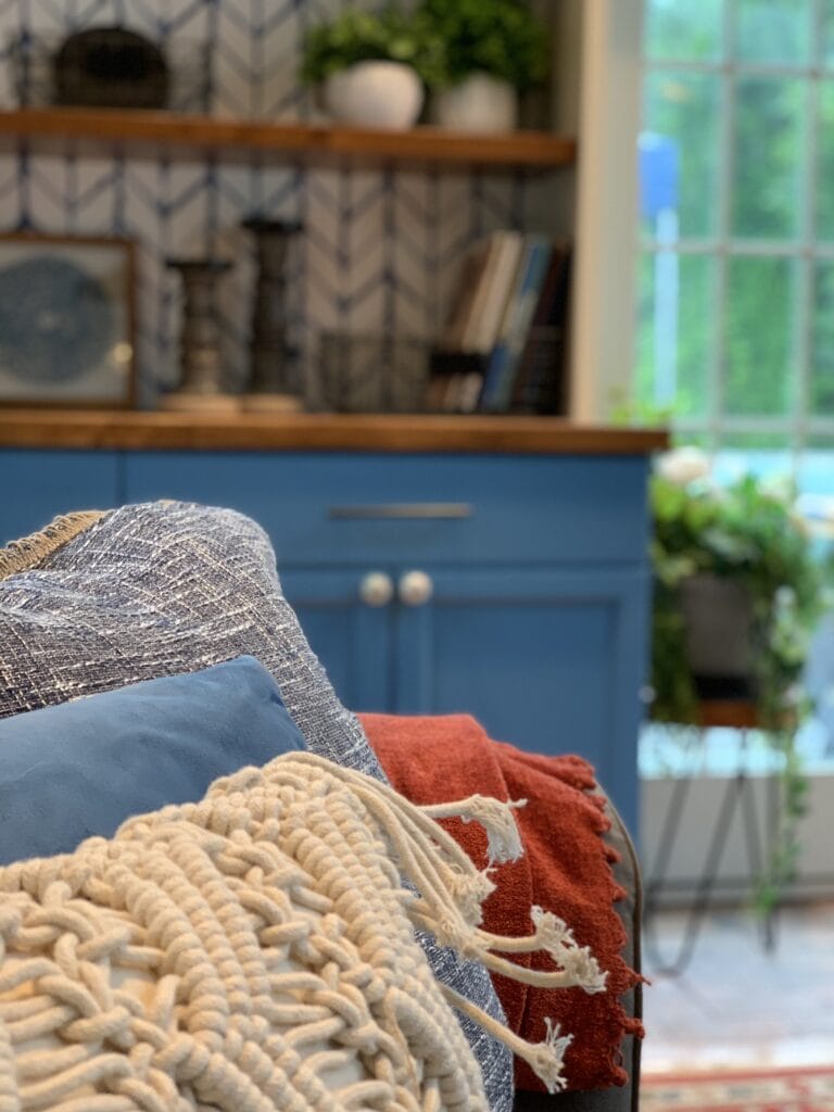 sofa with new built-ins in background