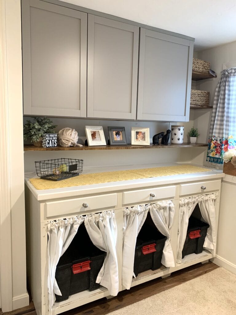 litter boxes built into a cabinet