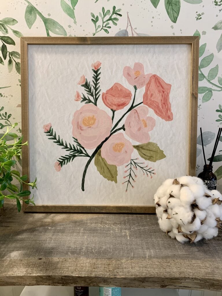 peach colored poppy artwork for a boho bathroom update