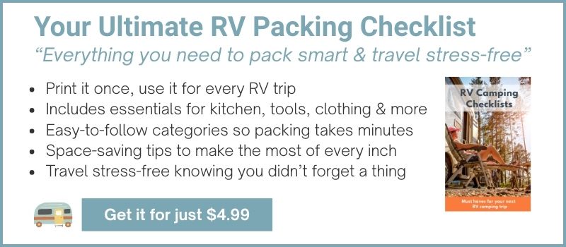 Printable RV Packing Checklist with packing categories for kitchen, tools, clothing, and camping gear. Perfect for organizing your RV trips and never forgetting an item.