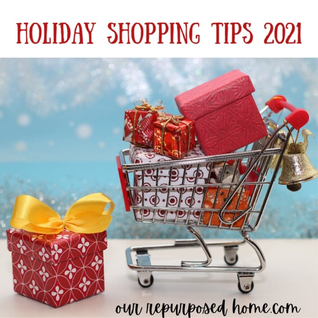 shopping cart full of Christmas gifts for Holiday Shopping tips
