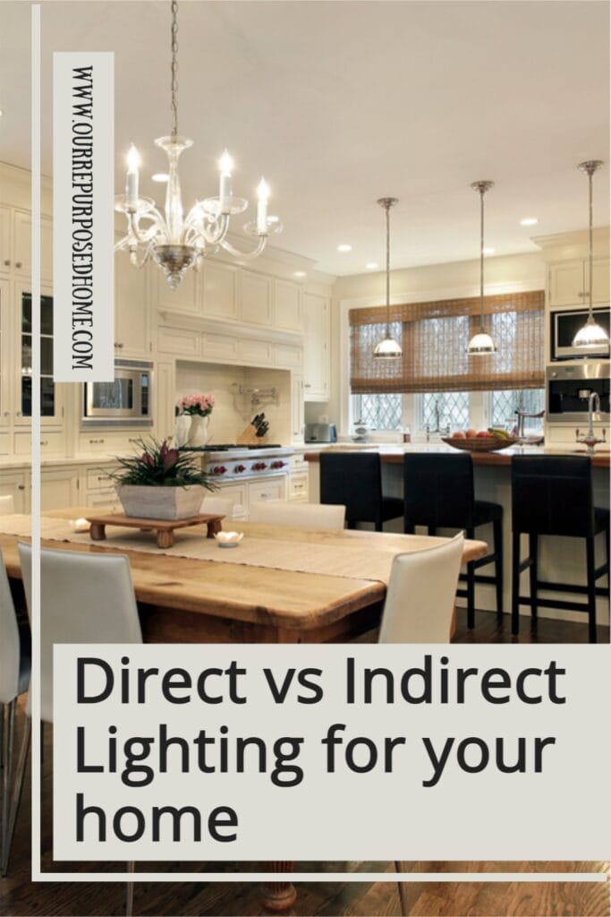 Pin with kitchen lighting example showing direct vs indirect lighting