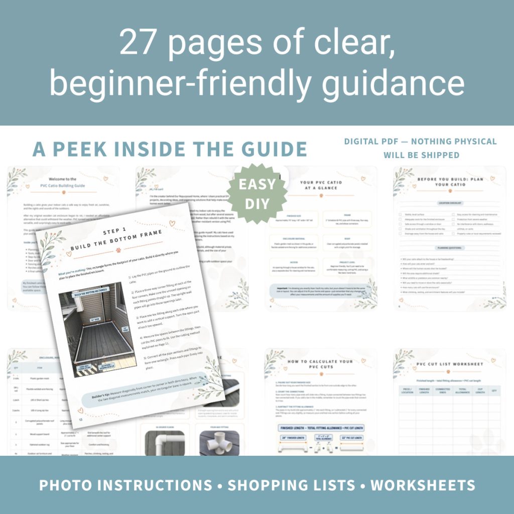 Preview of several interior pages from a 27-page PVC catio guide featuring photo instructions, supply lists, cutting guidance, and worksheets.