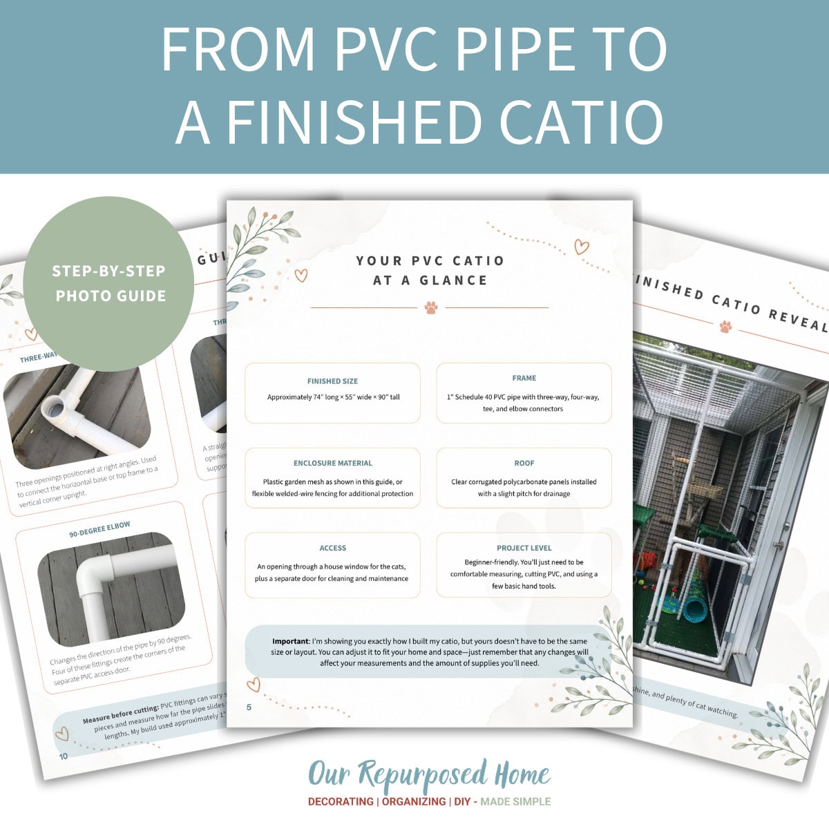 Three interior pages from the PVC catio building guide showing the connector guide, catio specifications, and finished outdoor cat enclosure under the heading “From PVC Pipe to a Finished Catio.”
