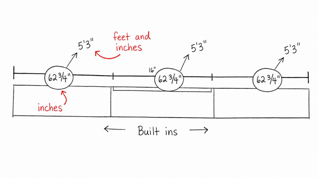 Hand-drawn diagram showing 5 foot 3 inch measurements converted to 62 3/4 inches for a floor plan.