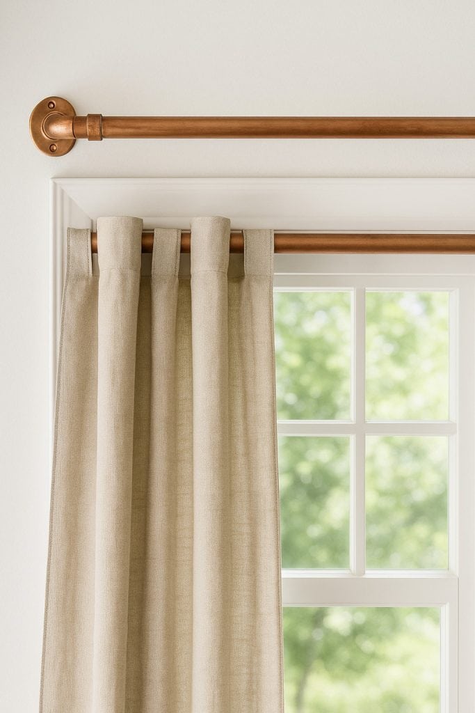 Beige tab-top curtains hanging from a copper pipe mounted above a white-trimmed window — a budget-friendly DIY curtain rod idea.