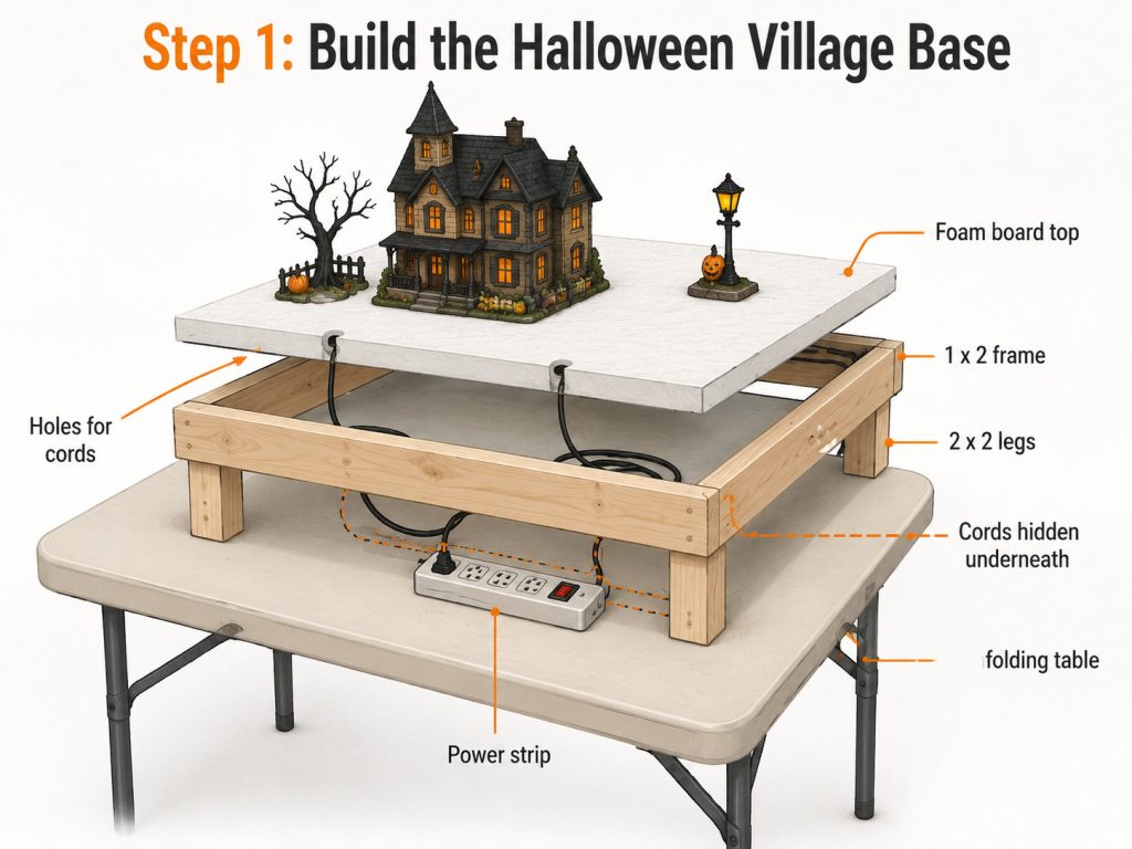 Diagram showing a raised wood base for a DIY Halloween village display with foam board, hidden cords, and a power strip underneath.