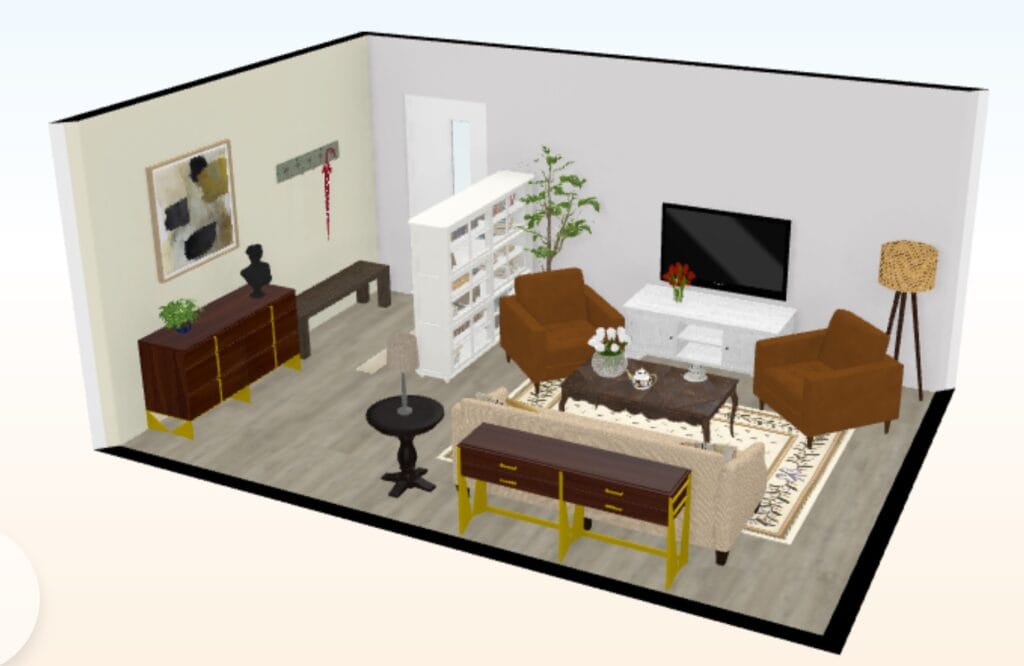 floor plan showing how to use a bookcase to create an entry way in your living room
