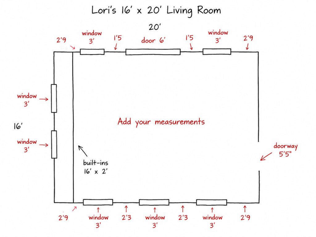See how to turn room measurements into a simple hand-drawn floor plan. This step-by-step example shows where to record wall lengths, windows, doorways, built-ins, and the spaces between them before drawing the room to scale.