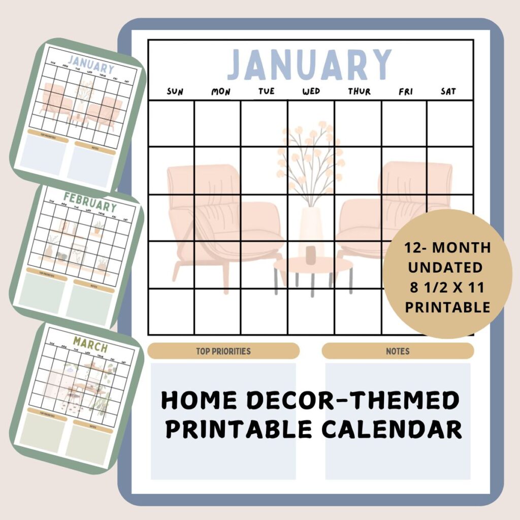 home decor themed printable calendar