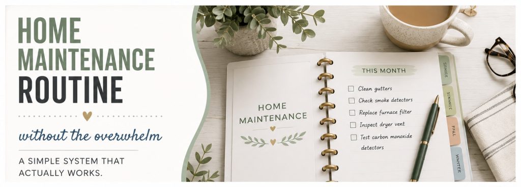 Planner and monthly home maintenance checklist illustrating a simple home maintenance routine that helps homeowners stay organized and keep up with seasonal tasks.