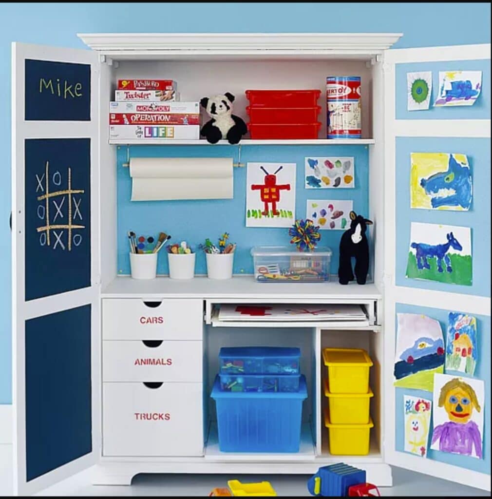 armoire painted and used for a kid's artwork area