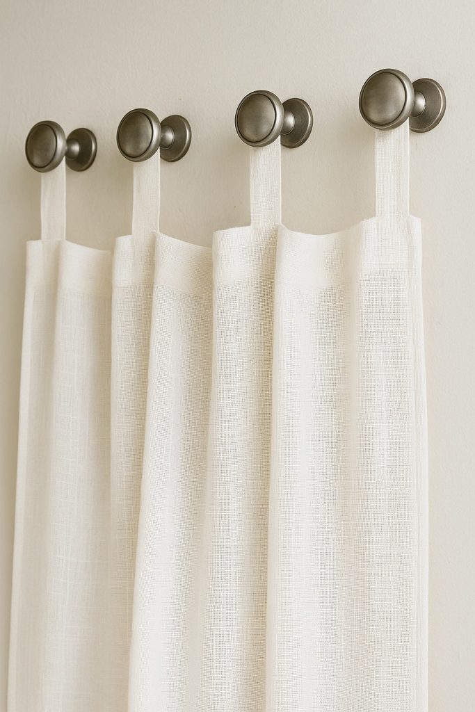 White tab-top curtains hanging from brushed nickel cabinet knobs mounted on a wall — a creative no-rod curtain hanging idea for renters or budget decorators.