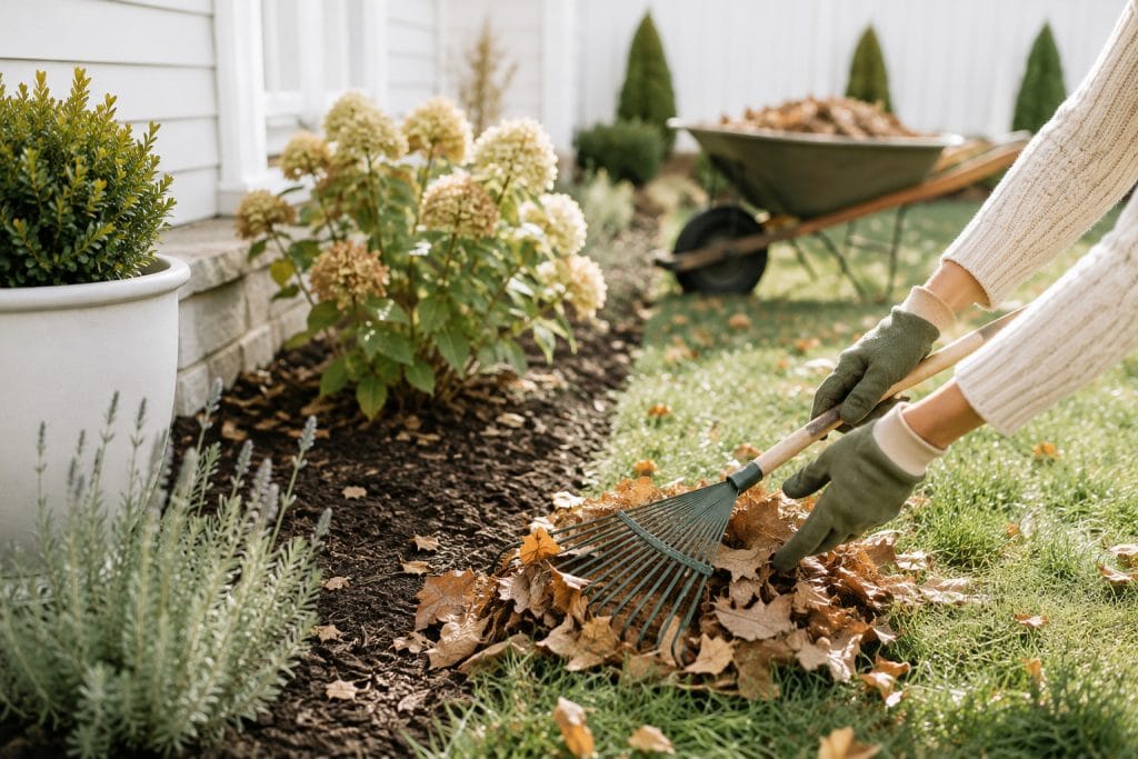 woman raking and picking up leaves from a garden