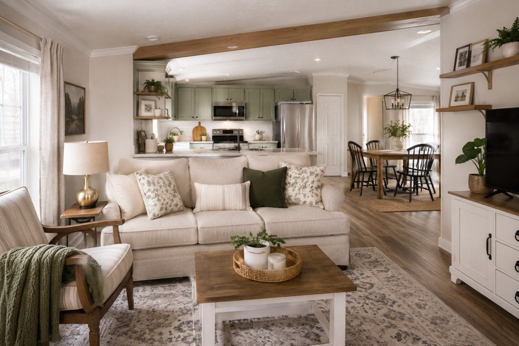 AI-generated concept of an open mobile home living room connected to a sage green kitchen and dining area.