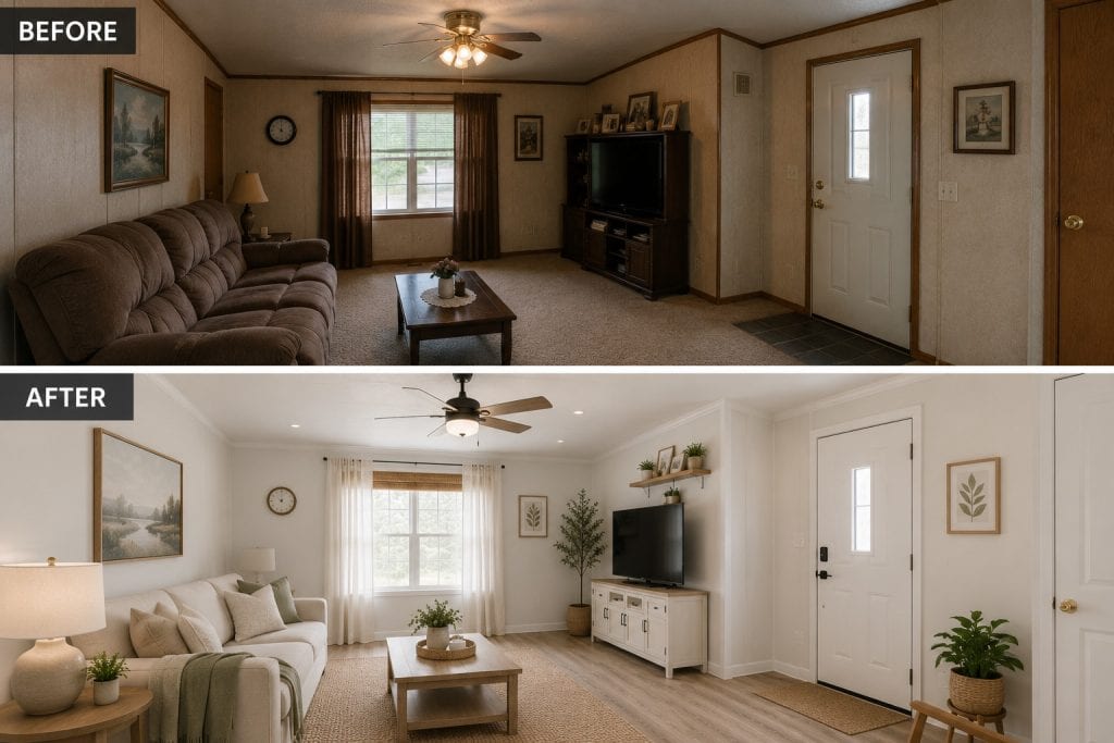 Before-and-after concept of a mobile home living room updated with light walls, new flooring, brighter curtains and better-scaled furniture.